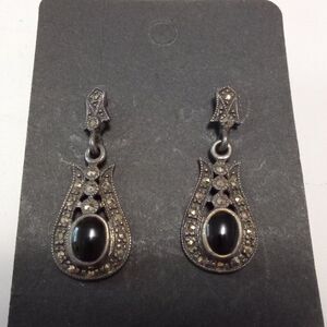 Vintage Art Deco 925 Sterling Silver Marcasite & Onyx Drop Earrings